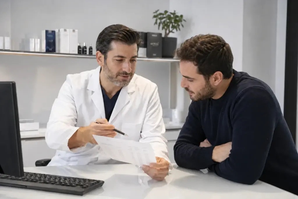 Médico conversando con un paciente sobre la caída del cabello por falta de hierro